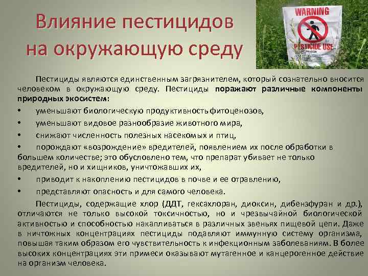 Влияние пестицидов на окружающую среду - почву, растения, животных